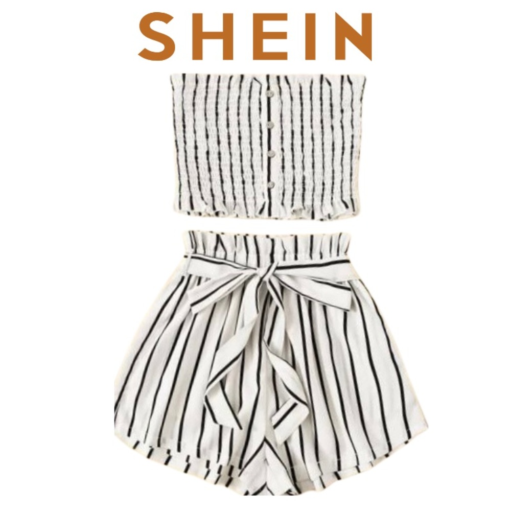 SHEIN Striped Shirred Bandeau & Paper-bag Waist Shorts Set